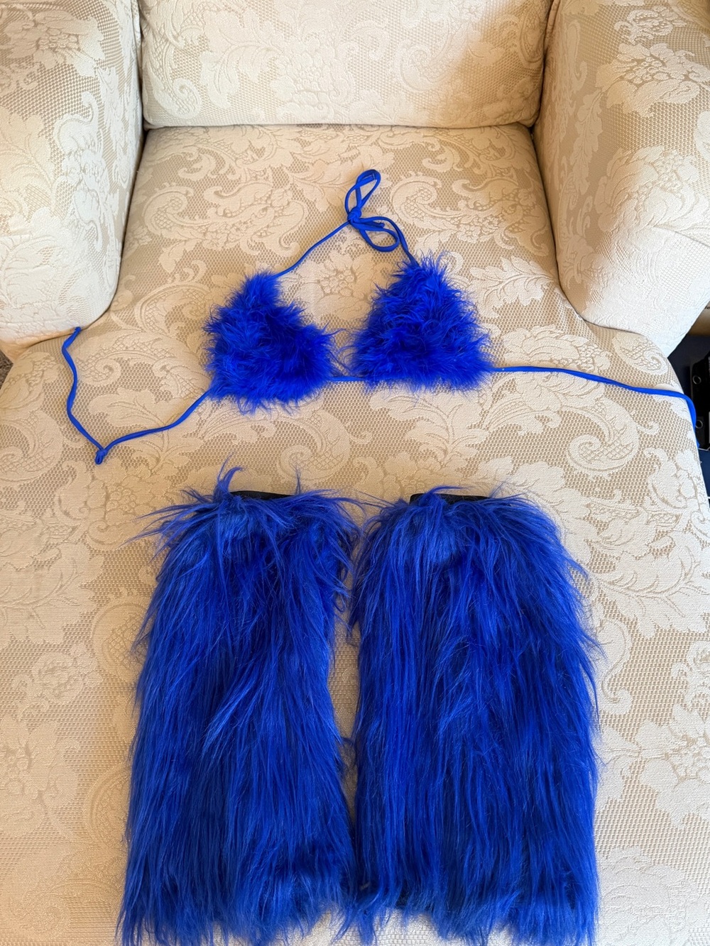 Electric Blue Fuzzy Bikini Top with Matching Furry Leg Warmers